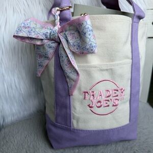 2026 Limited EditionTrader Joe's Mini Lavender-Trim Canvas Tote with Floral Bow